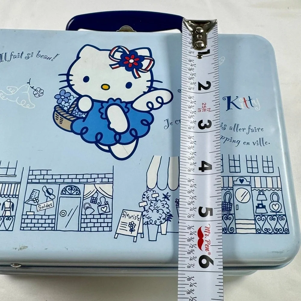 VTG 2002 Sanrio Hello Kitty Metal Lunch Box Tin French Cafe Blue Y2K Stationery